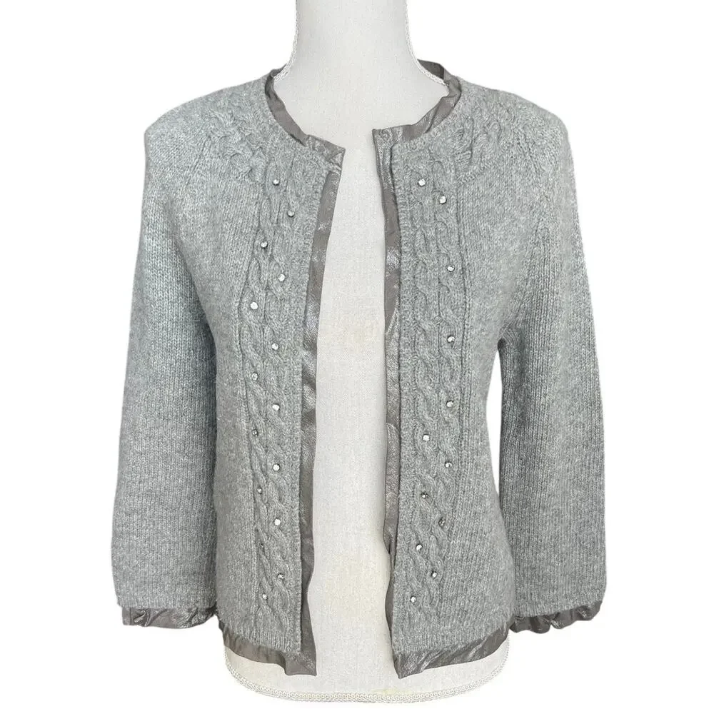 J. Crew gray cardigan sweater wool cashmere preppy rhinestone academia Y2K